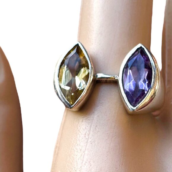 Citrine & Amethyst Gemstones 925 Silver Vintage Bypass Ring Size 7.75 - Picture 9 of 11